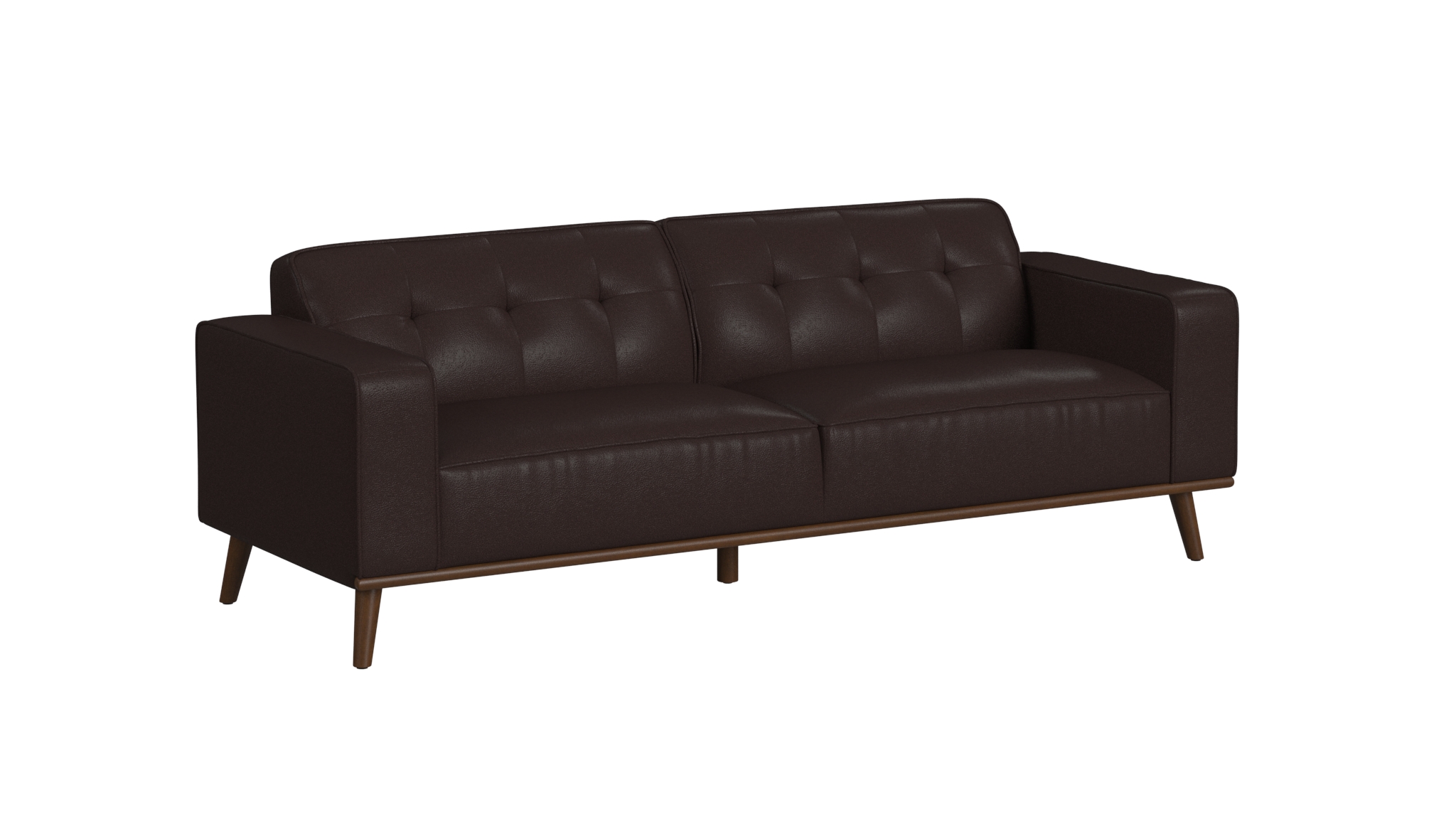 Front three-quarter product view of a dark brown leather sofa on a white background