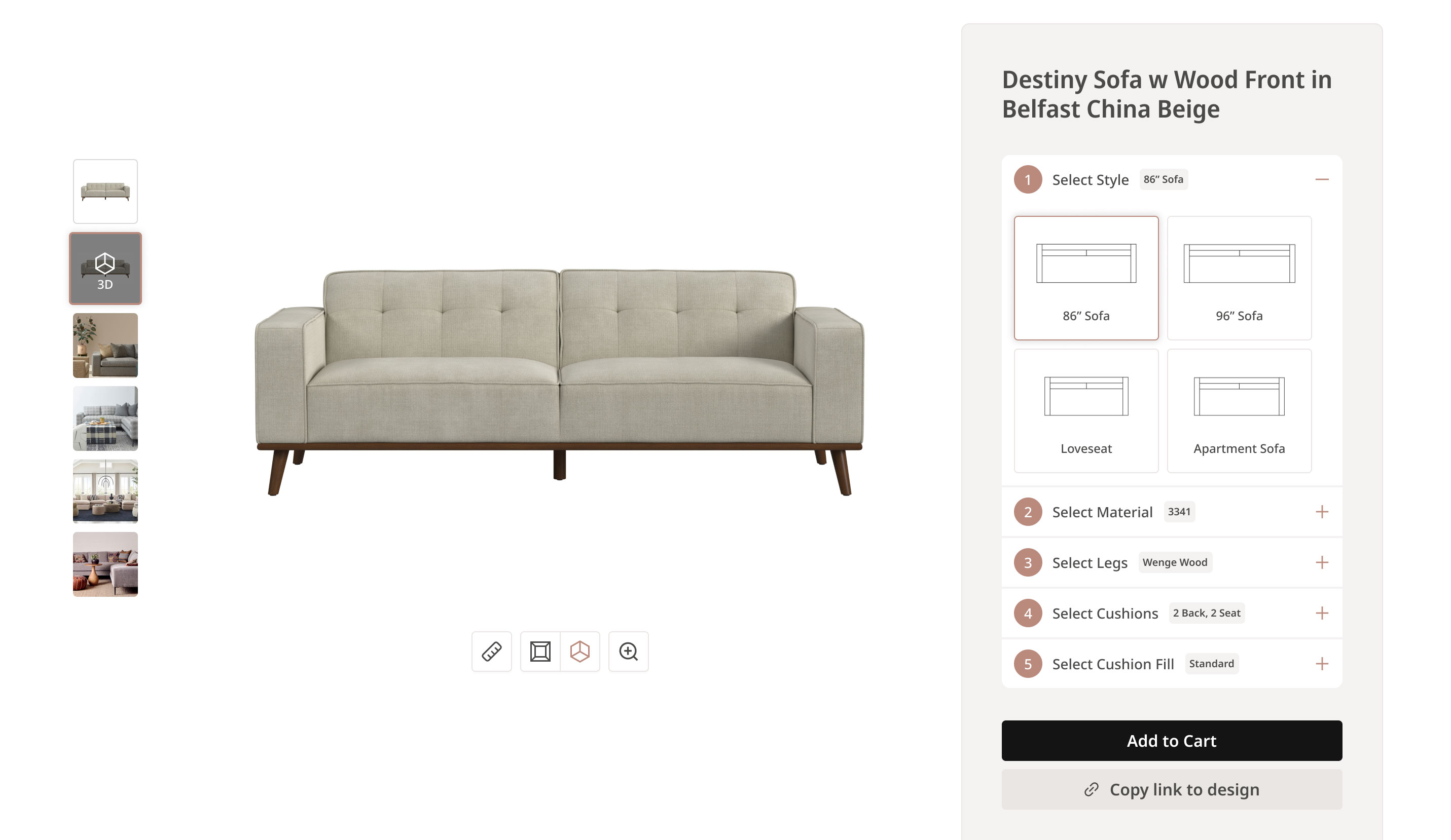 ALL3D-powered sofa configurator with 3D viewing, product scenes, and controls for style, material, legs, and cushions
