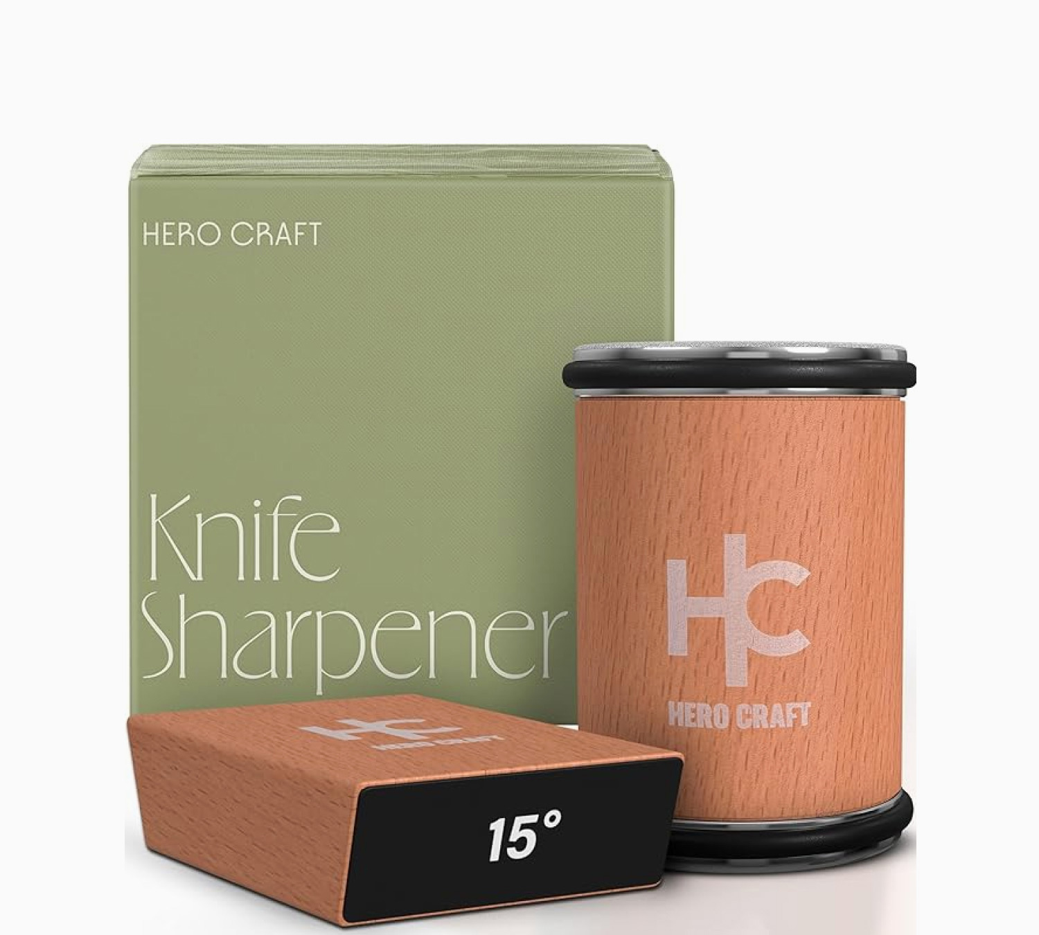 Knife sharpener, cylindrical case, and green product box arranged on a light background
