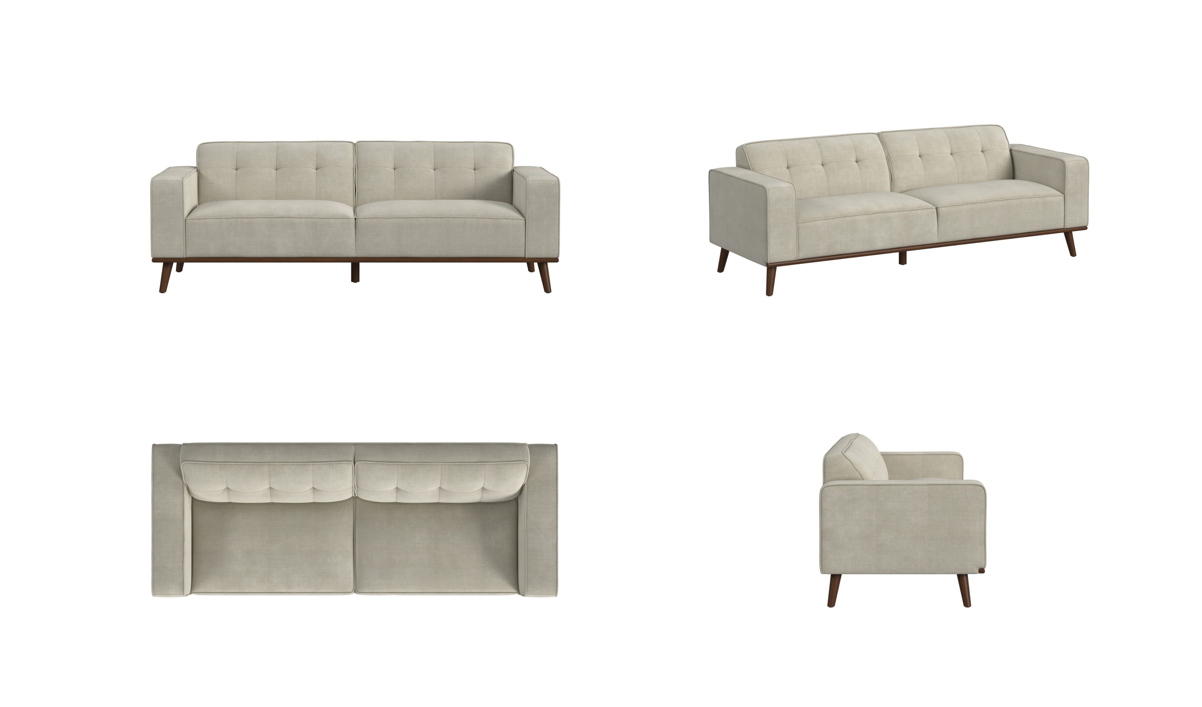 Four isolated product views of the same neutral sofa shown from the front, three-quarter, top, and side angles