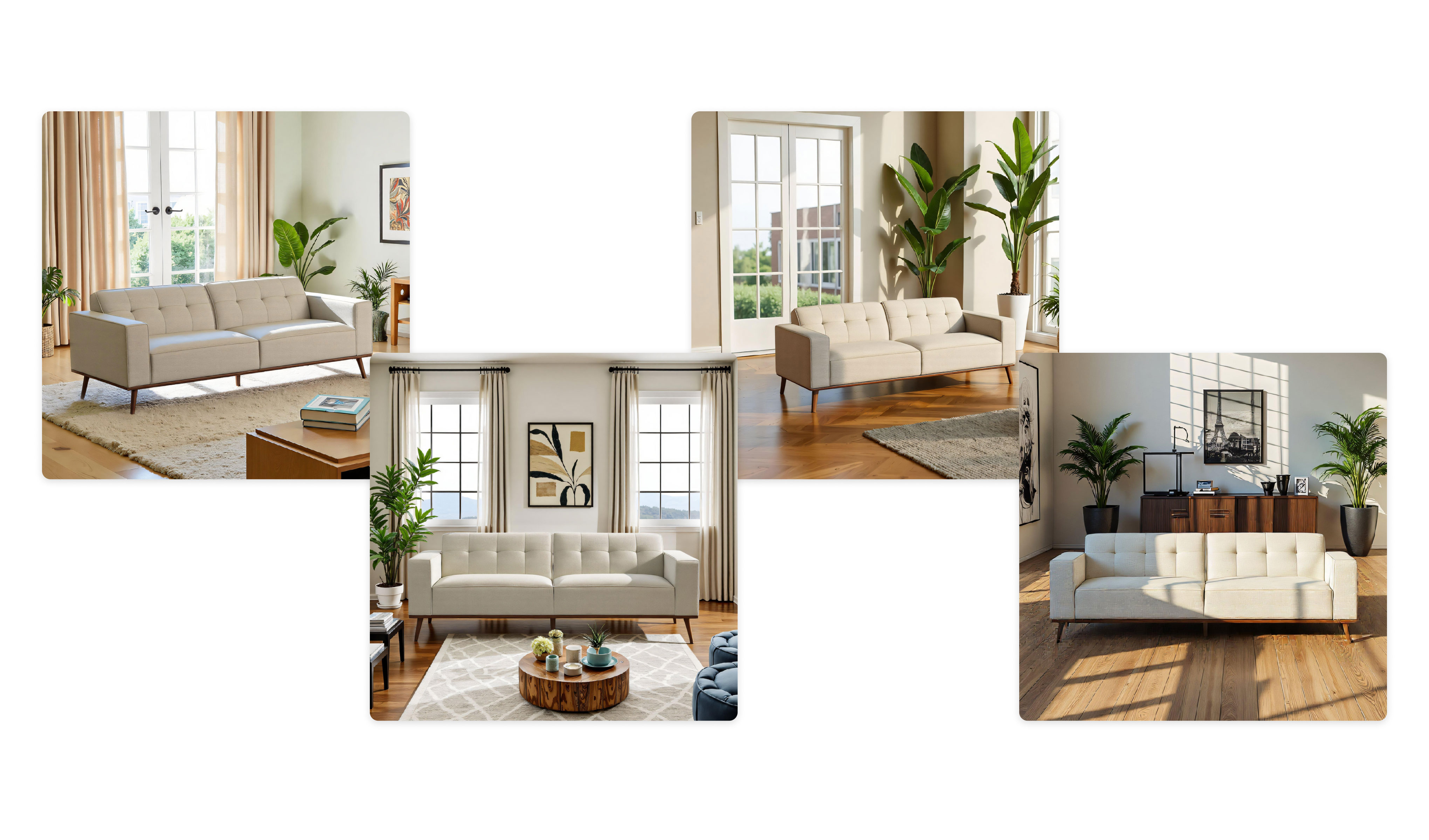 The same neutral sofa visualized in four distinct sunlit living room environments