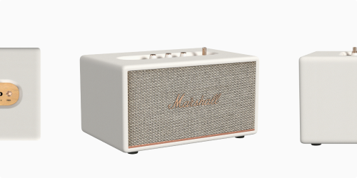Multiple aligned views of the same cream-colored speaker on a light background